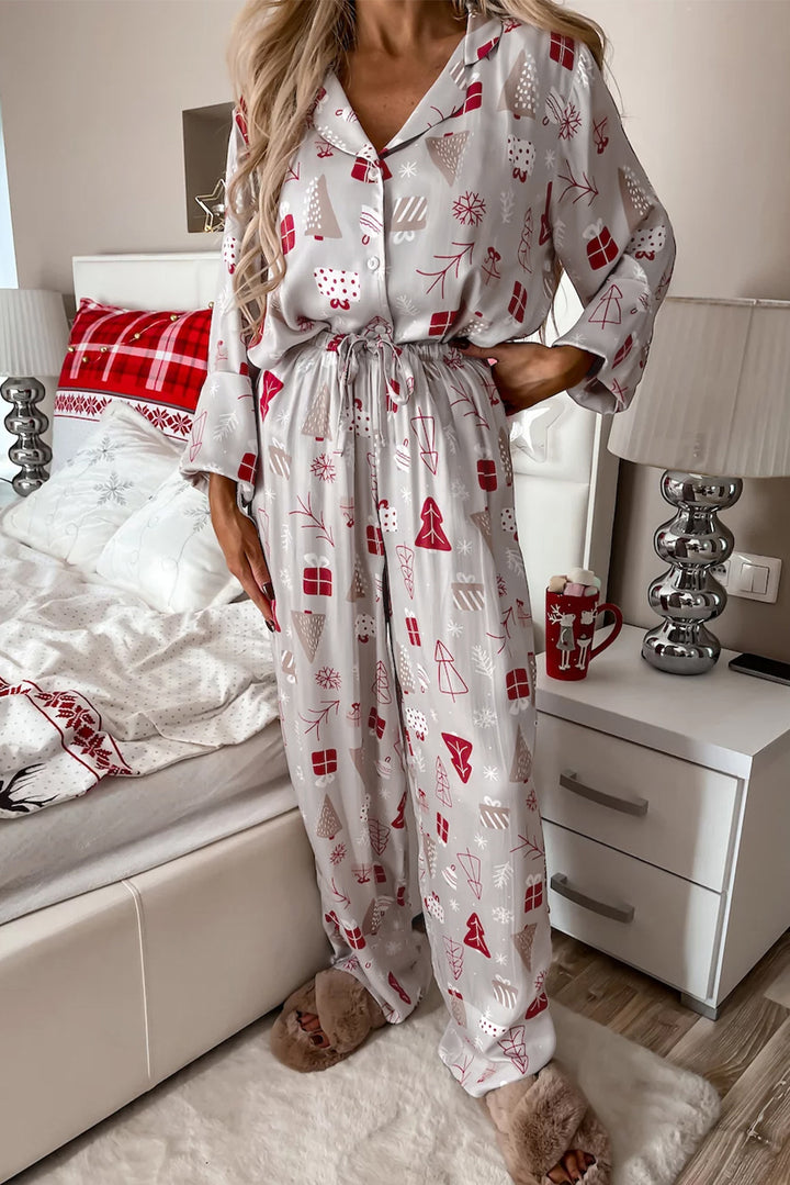 Womens Light Grey Christmas Printed Shirt and Pants Pajama Set