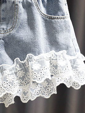 Girls shorts have an elastic waistband, front pockets, and a cute lace hem