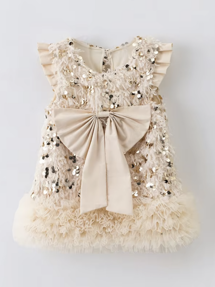 Gold Sequin Ruffle Party Dress with Statement Bow