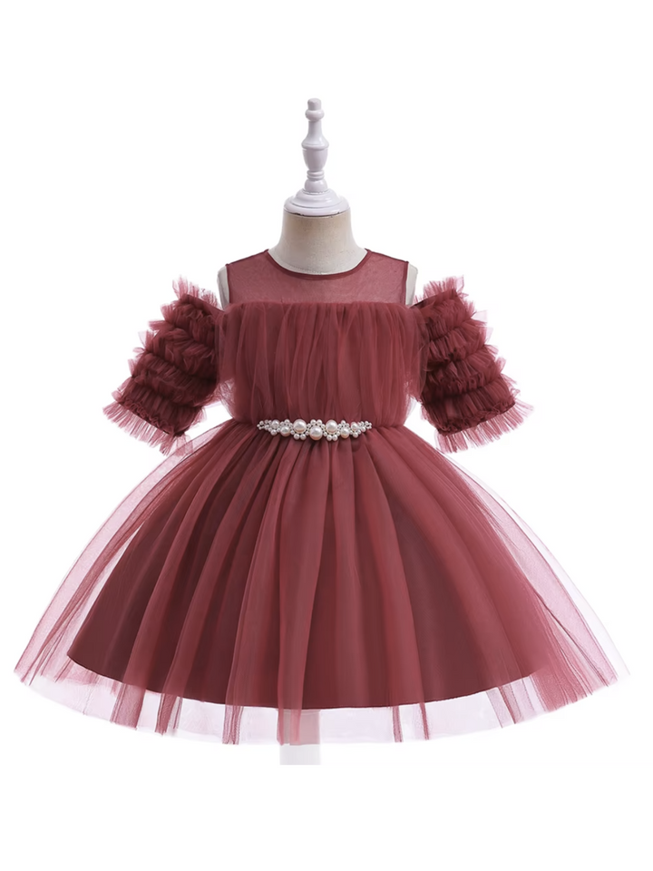 Girls Pink Tulle Puff Sleeve Dress with Pearl Belt