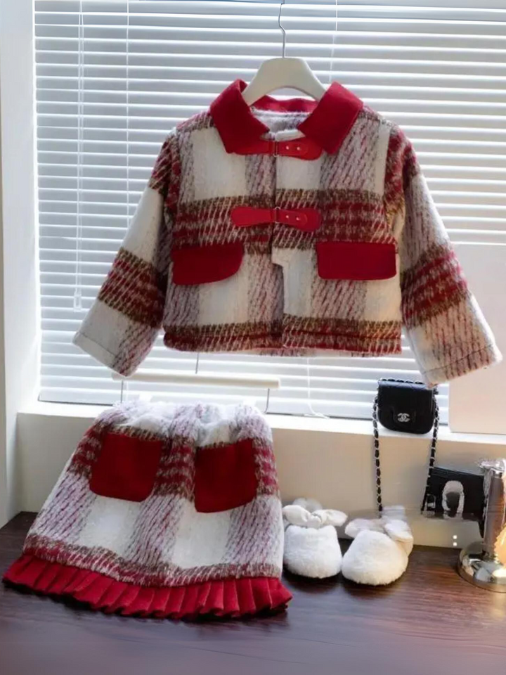 Cozy Fall Elegant Woolen Plaid Coat & Skirt Set