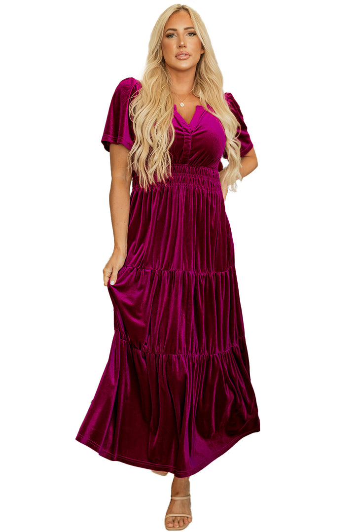 Womens Velvet Berry Holiday Maxi Dress with Smocked Waist