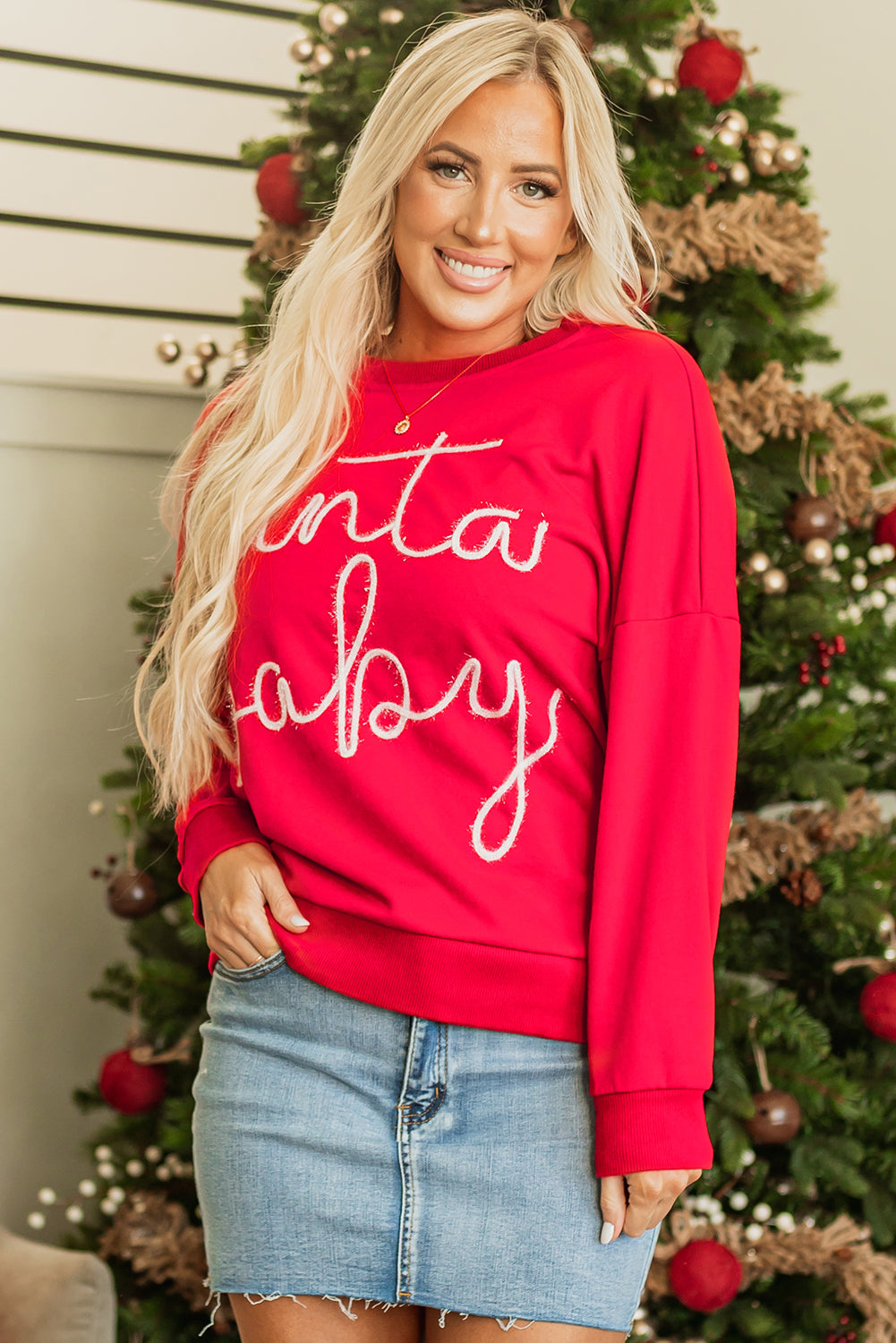 Womens Red Christmas Santa Baby Tinsel Graphic Sweatshirt