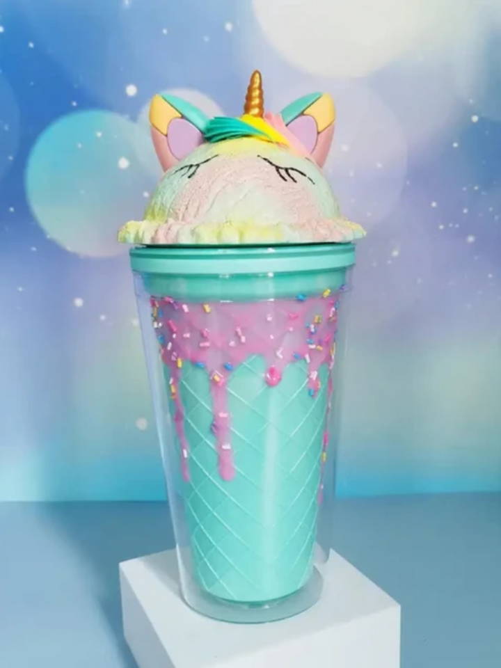 Girls Unicorn Ice Cream Tumbler with Straw - Double-Layer Cute Water Bottle for Kids