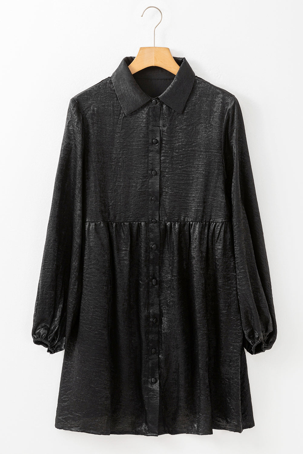 Womens Black Metallic Sheen Puff Sleeve Button Up Mini Shirt Dress