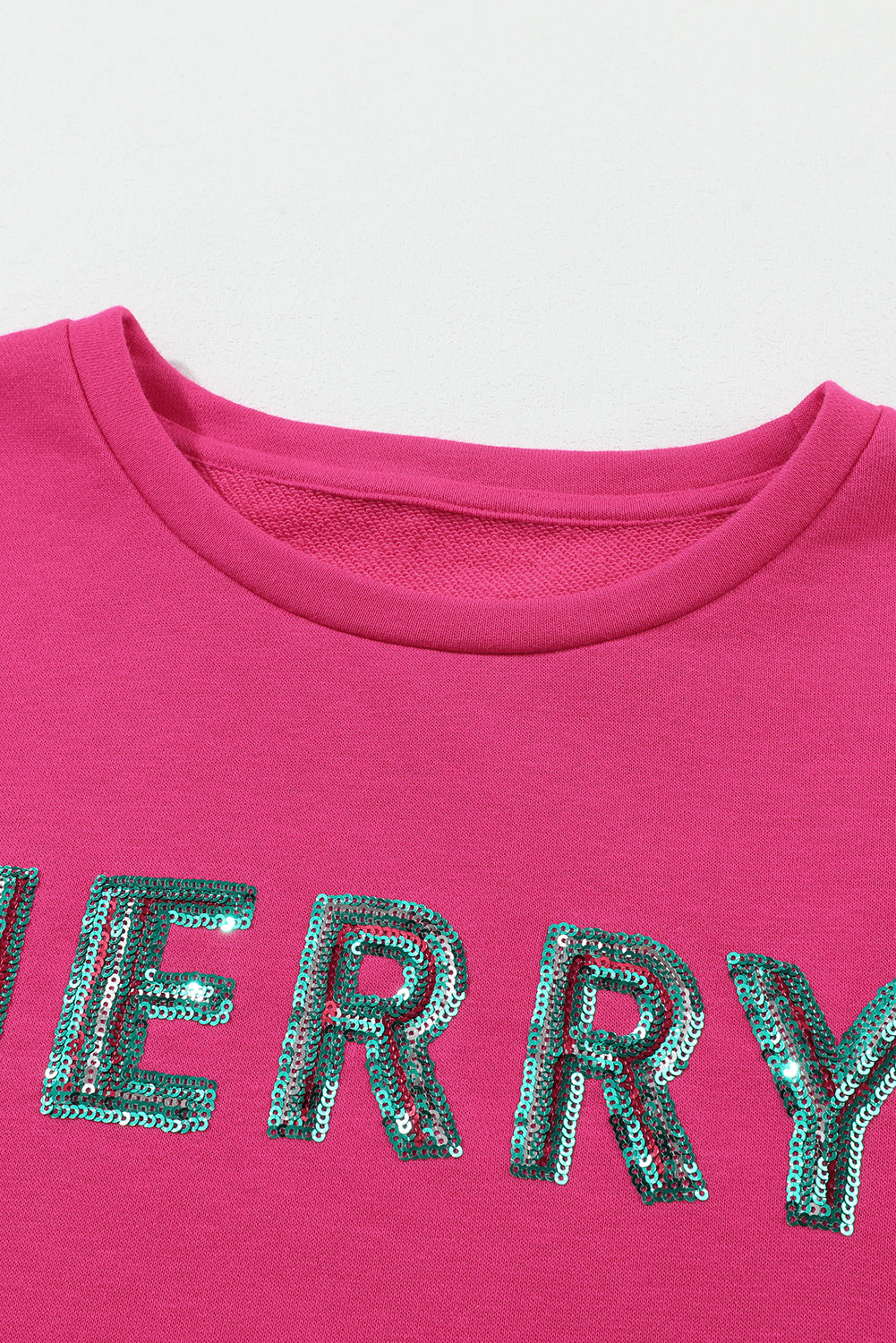 Womens Pink Sequin "MERRY" Christmas Tree Patchwork Sweatshirt