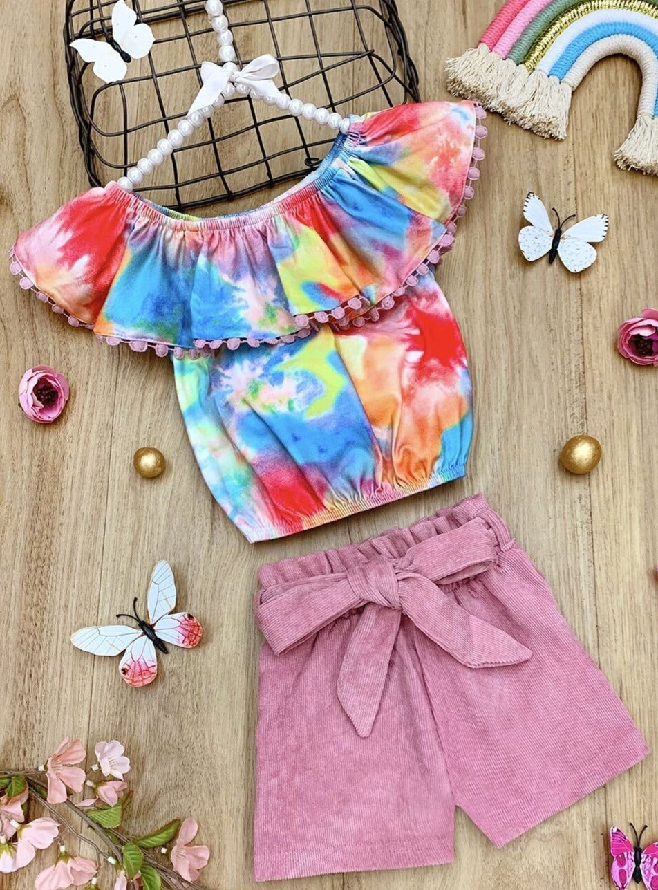 Girls Spring Outfits | Tie Dye Ruffle Top & Paperbag Belted Shorts Set