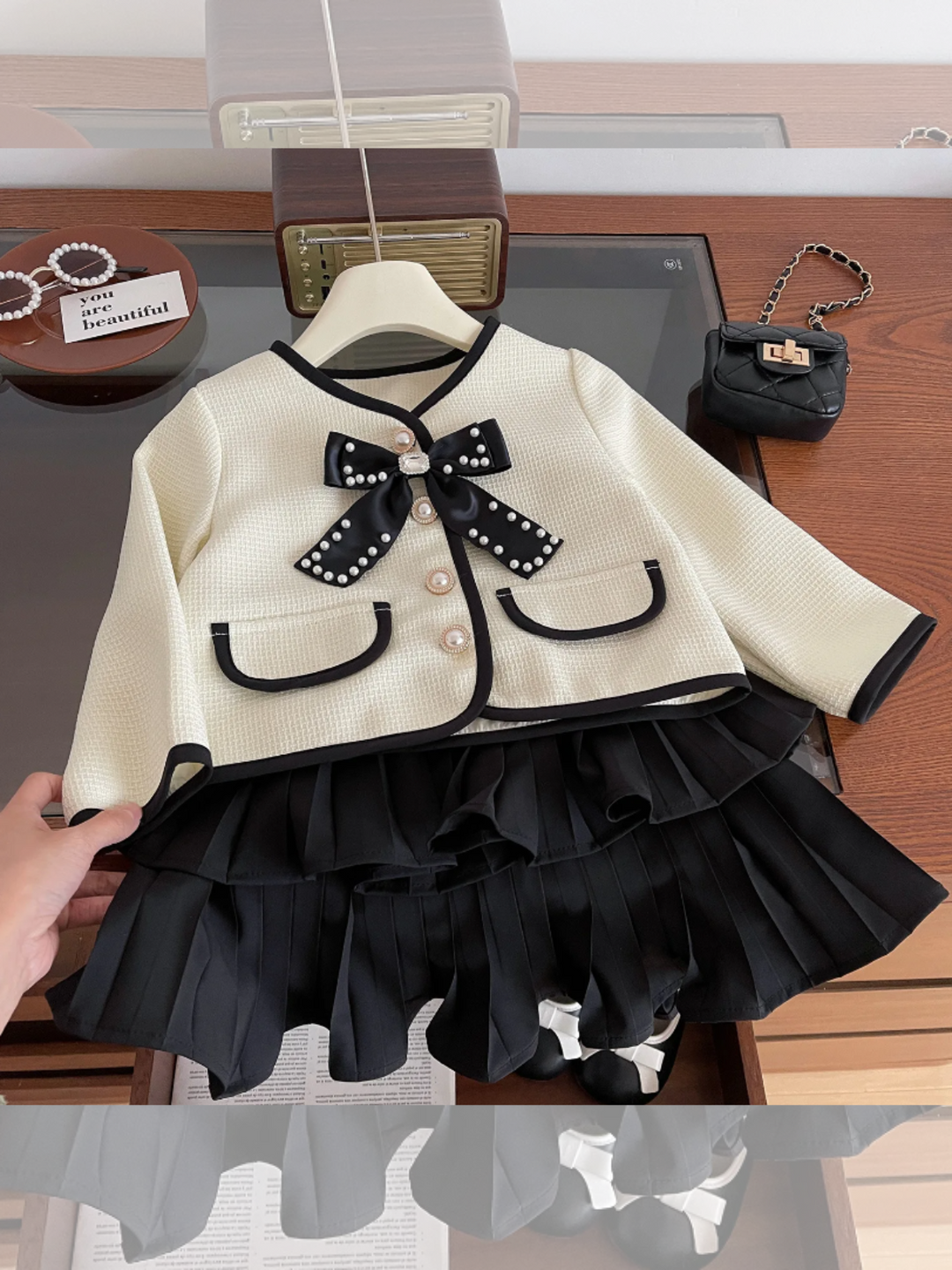 Girls Elegant Long Sleeve Bow Coat and Pleated Skirt Set    | preppy clothes, preppy clothing, preppy brands, preppy girl, preppy clothing, baby girl fall outfits, girls fall outfits, fall outfits for baby gir, fall dress, baby girl fall clothes