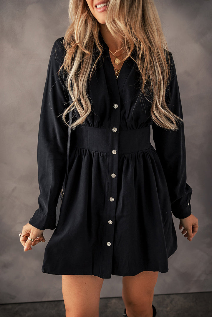 Womens Black Elastic Cinched High Waist Long Sleeve Shirt Mini Dress