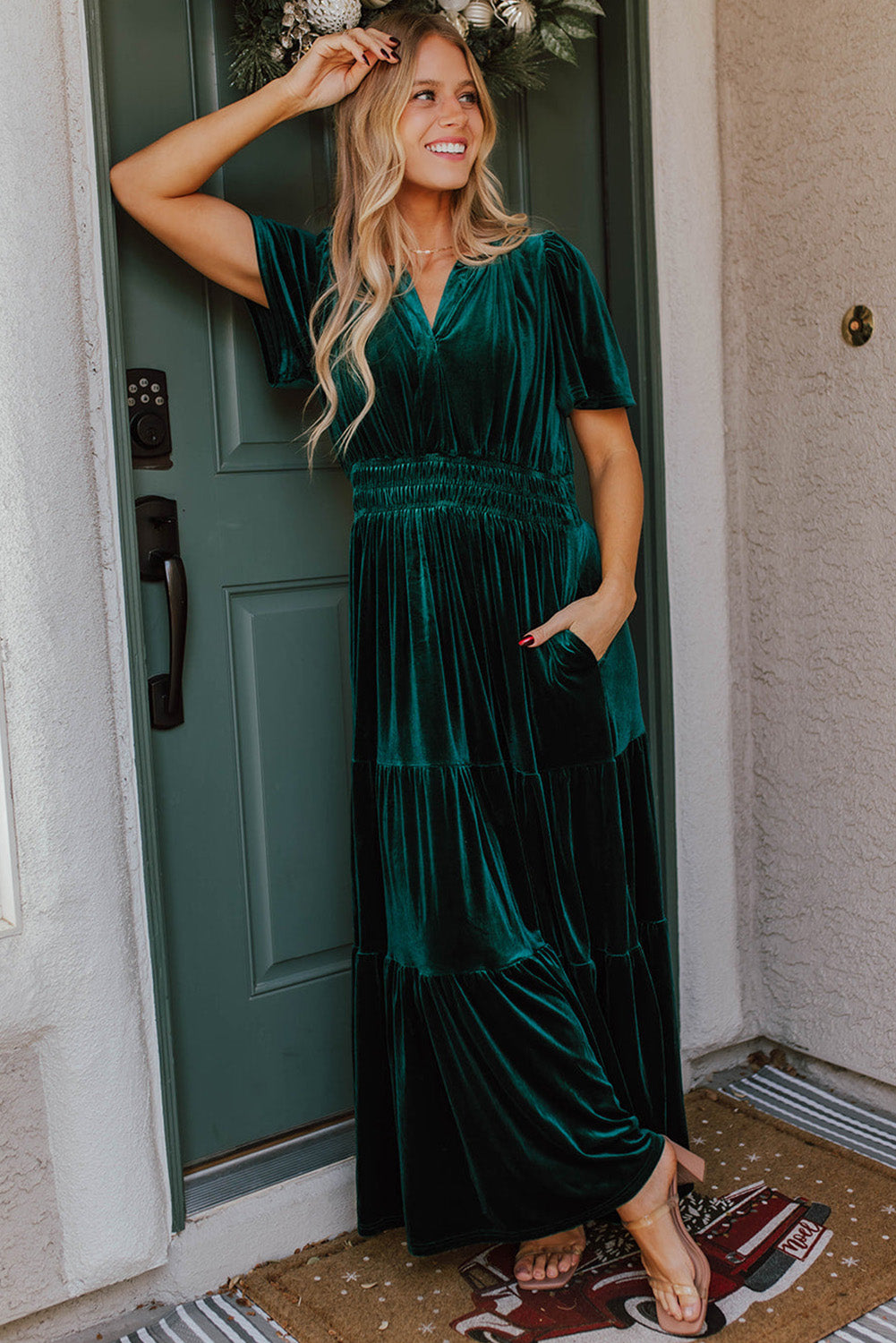 Womens Emerald Velvet Winter Wonder Maxi Dress with Puff Sleeves