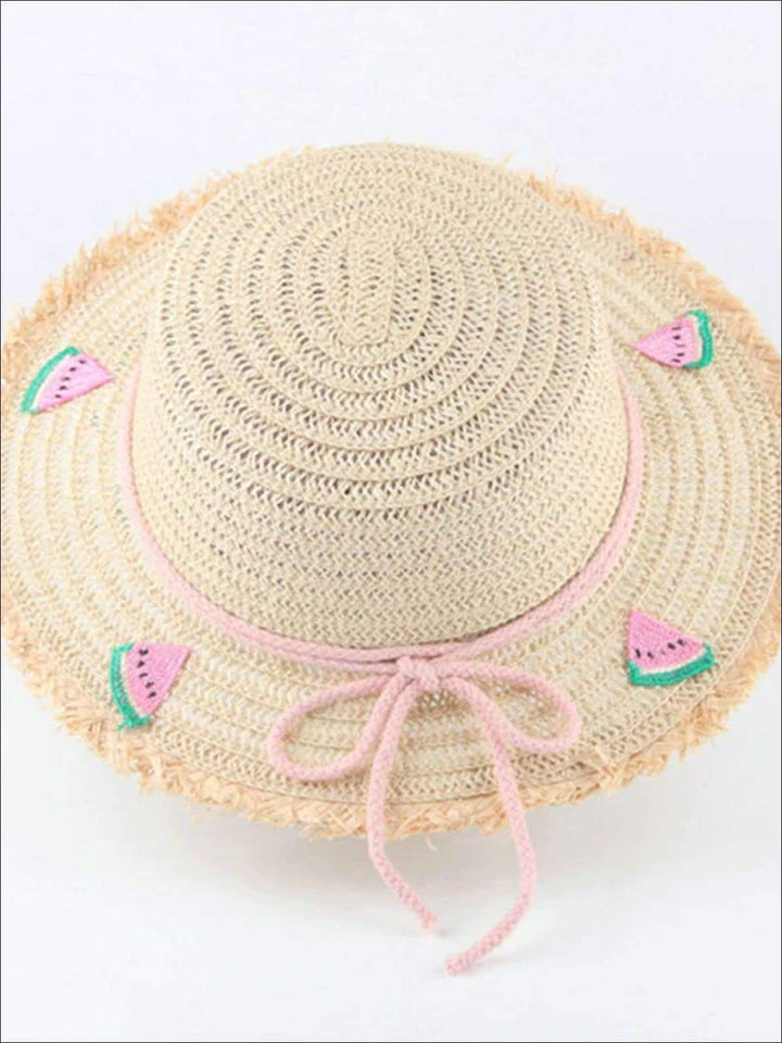 Girls Frayed Edge Fruit Embroidered Straw Hat