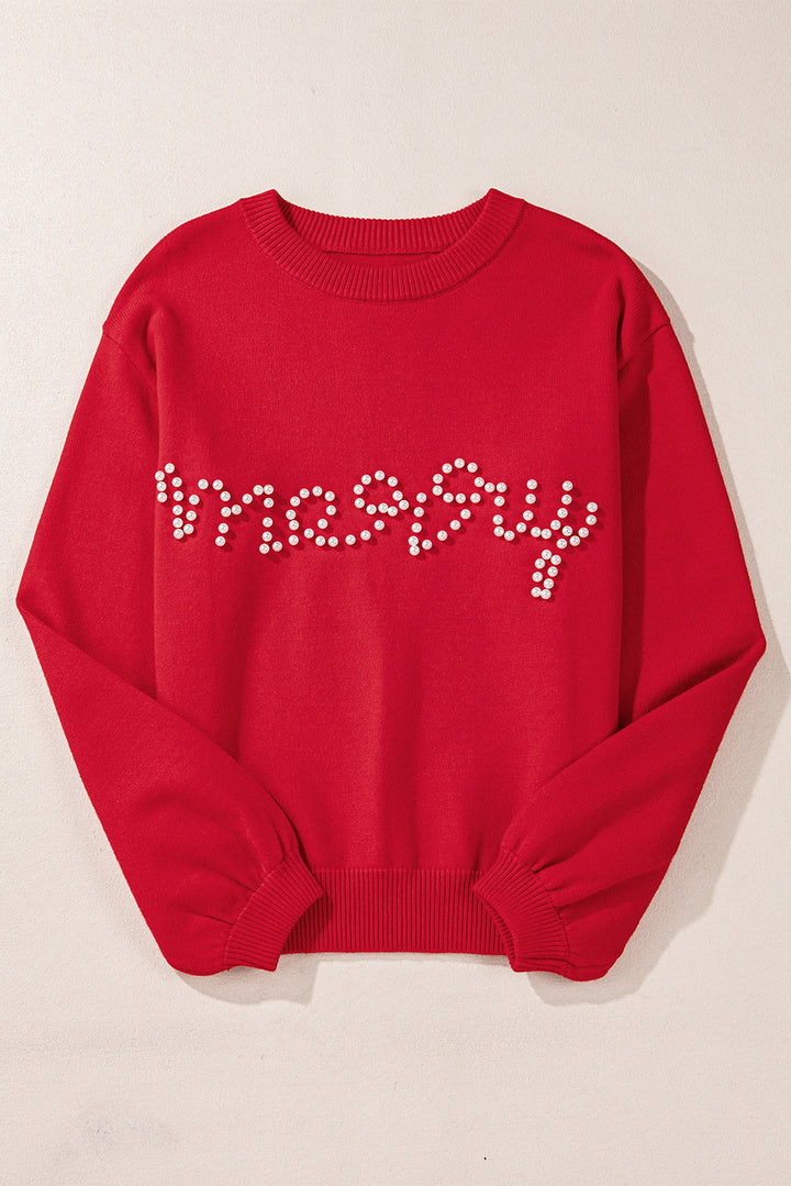 Womens Red Pearl Beaded Merry Casual Sweater