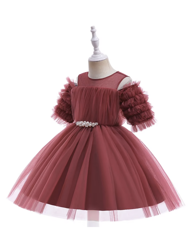 Girls Pink Tulle Puff Sleeve Dress with Pearl Belt