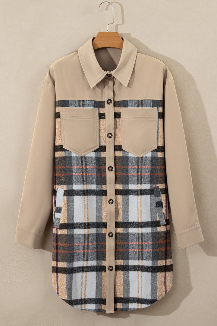 Womens Khaki Plaid Patchwork Long Sleeve Shirt Mini Dress