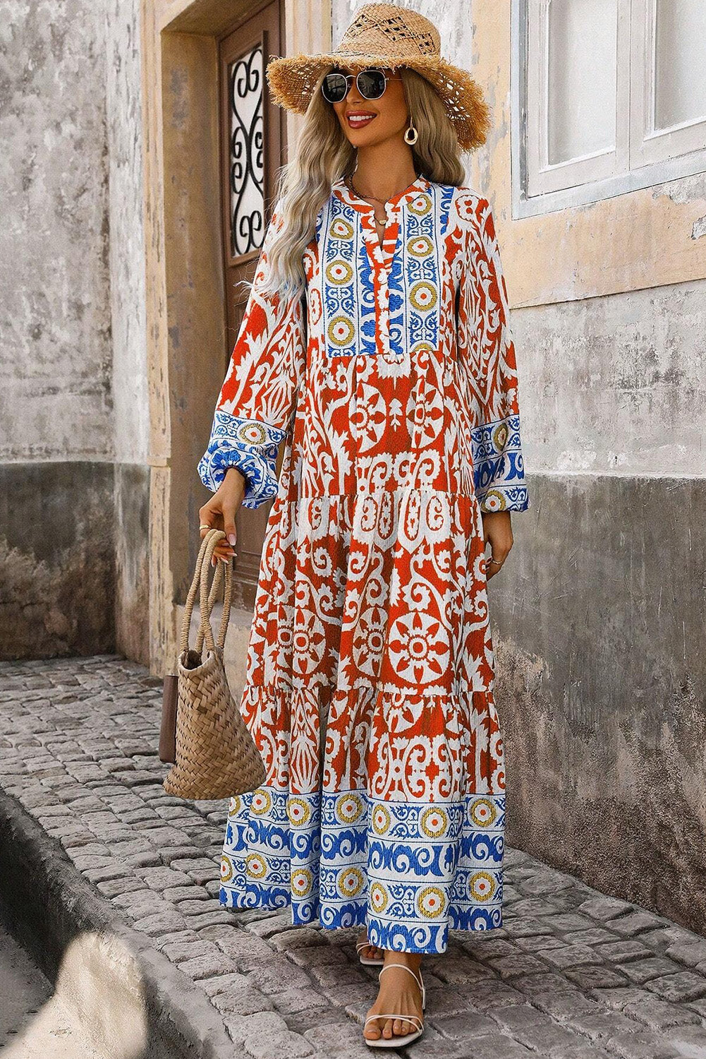 Womens Orange Boho Geometric Printed Long Sleeve Maxi Dress