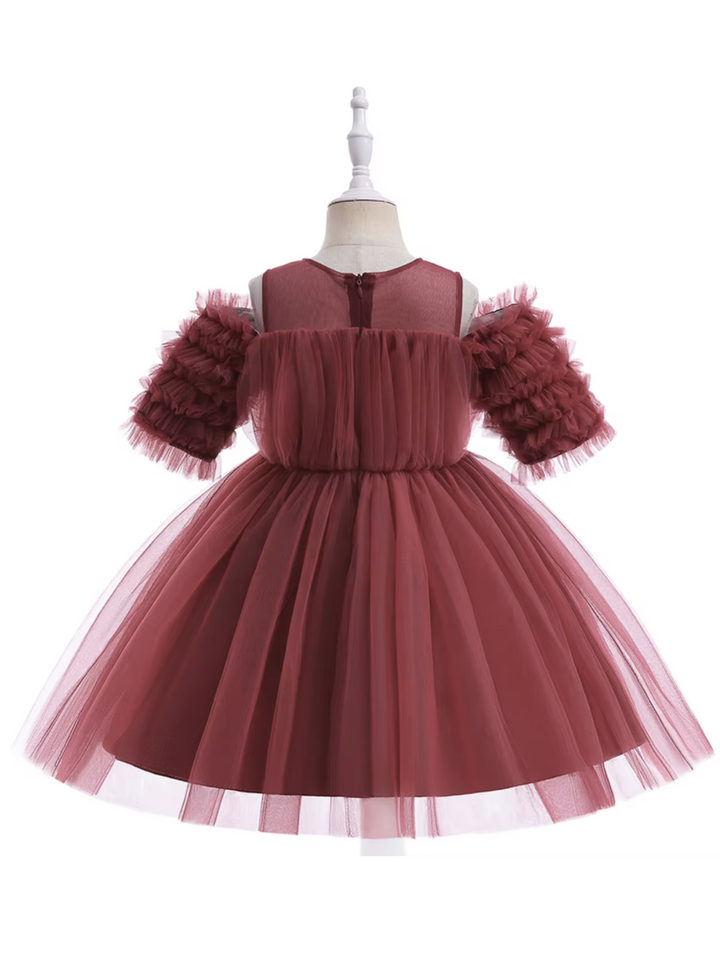 Girls Pink Tulle Puff Sleeve Dress with Pearl Belt