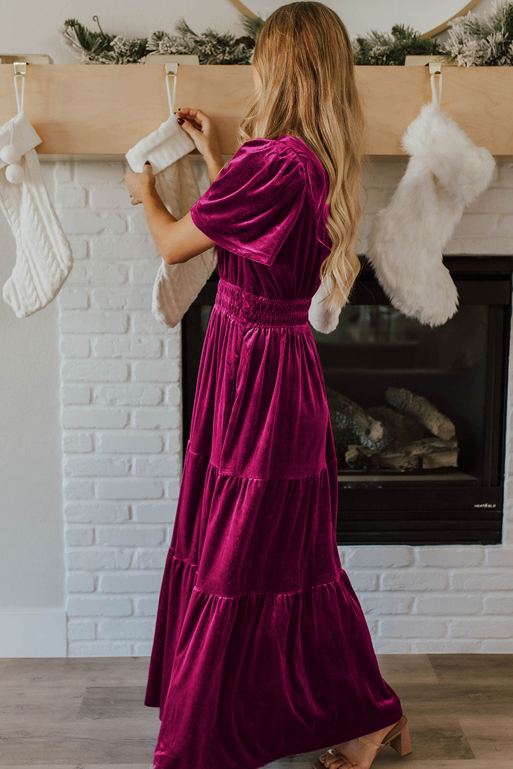 Womens Velvet Berry Holiday Maxi Dress with Smocked Waist