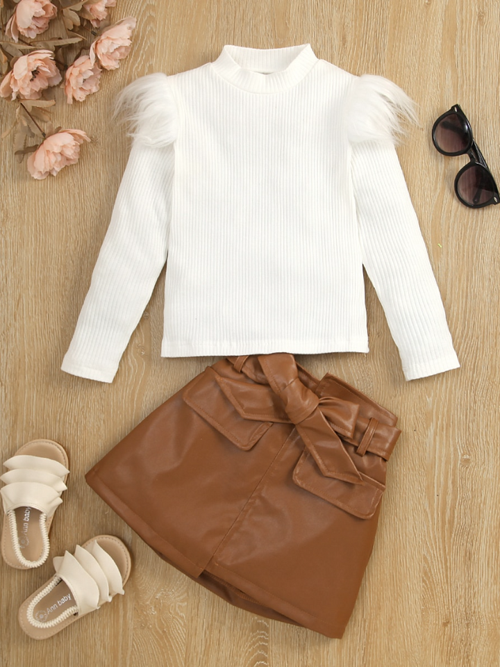 Toddler Outfits | Long Sleeve Fur Shoulder Top & Leather Skirt Set