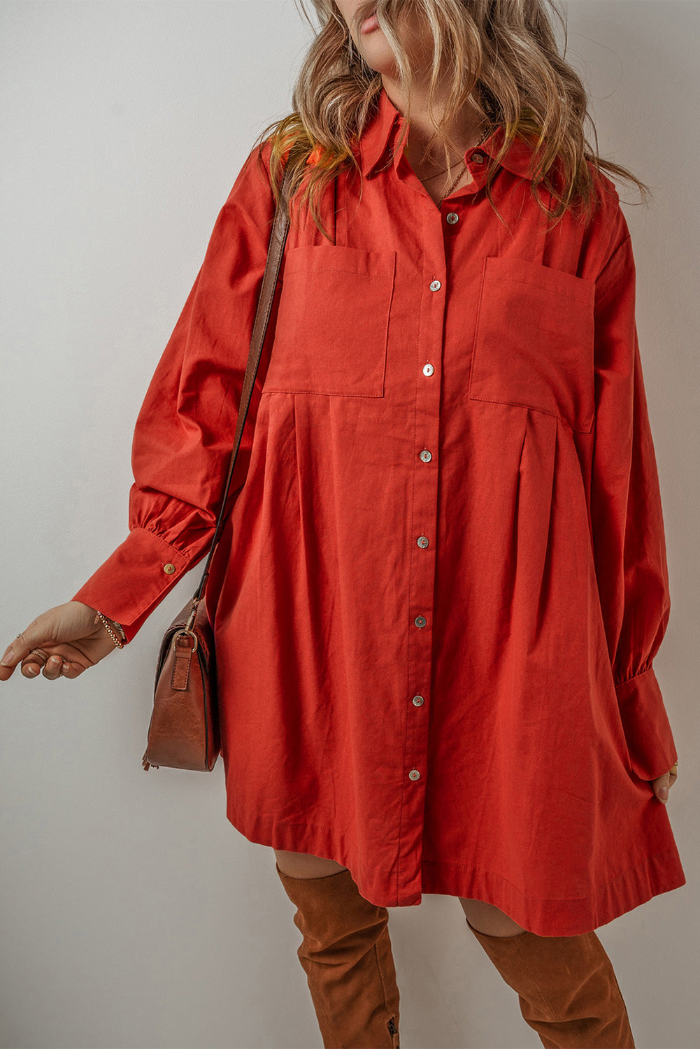 Womens Tomato Red Bishop Sleeve Button Up Pleated Mini Shirt Dress