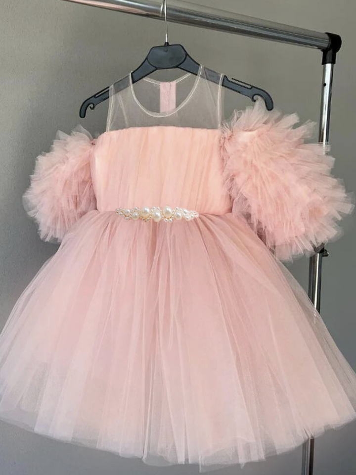 Girls Pink Tulle Puff Sleeve Dress with Pearl Belt