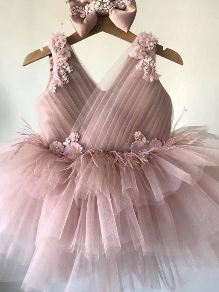 Elegant Pink Flower Tulle Bow and Puffy Sleeveless Dress