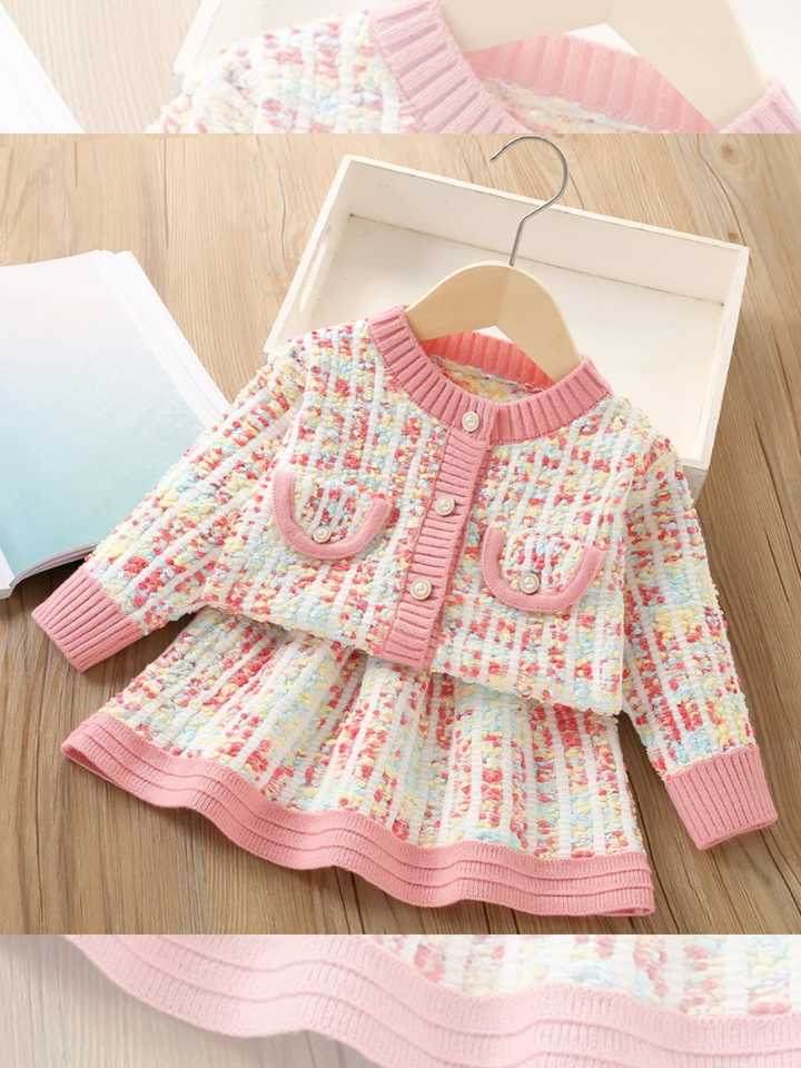 Charming Knit Pocket-Detail Girls' Jacket and Skirt Set