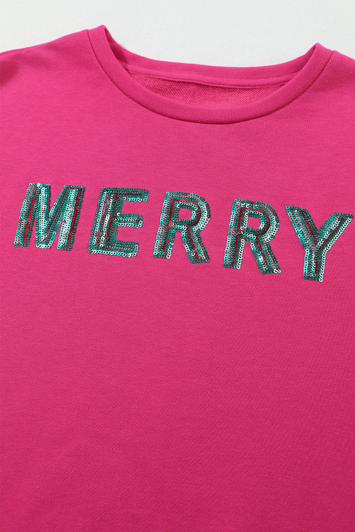 Womens Pink Sequin "MERRY" Christmas Tree Patchwork Sweatshirt