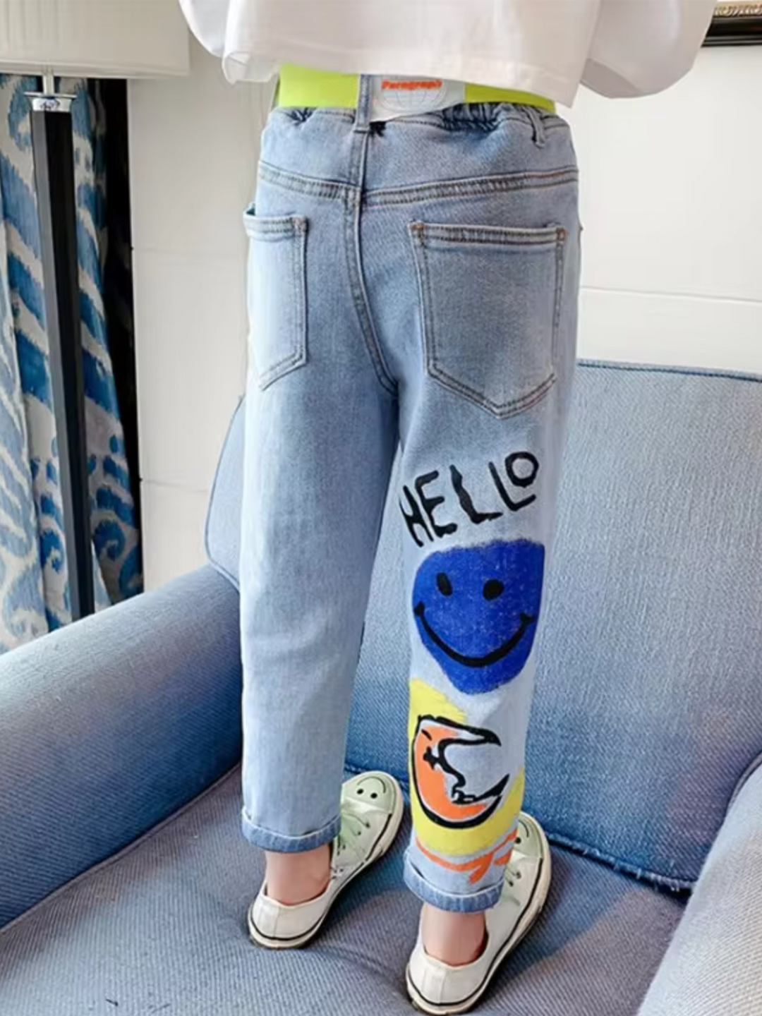 Mädchen trendige Graffiti Smiley Regenbogen Jeans