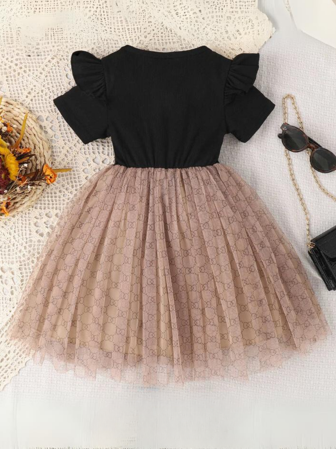 Playful Tulle Skirt Dress with Delicate Pattern and Bow Accent