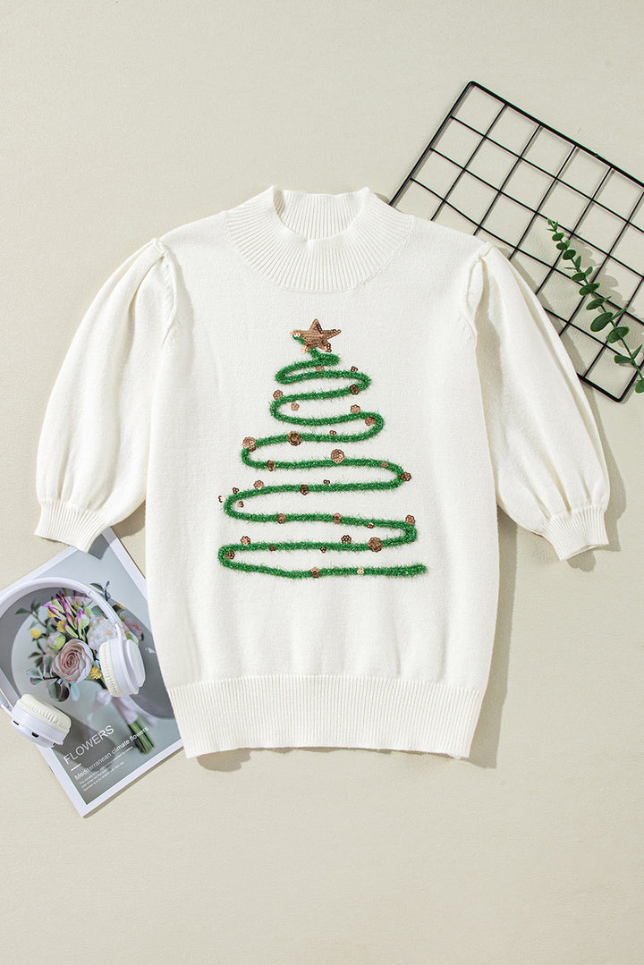 Womens White Tinsel Christmas Tree Puff Sleeve Sweater