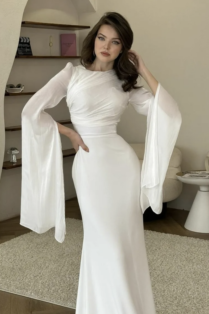 Womans Elegant Draped Long Flowing Sleeves Maxi Dress