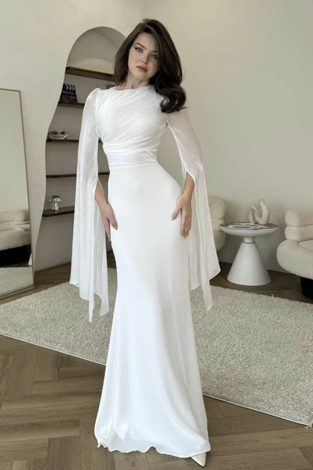 Womans Elegant Draped Long Flowing Sleeves Maxi Dress