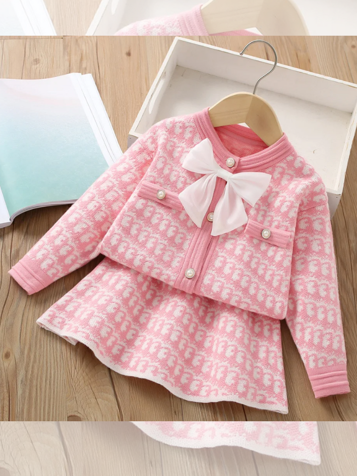 Charming Knitted Girls' Bow-Accent Jacket and Skirt Set