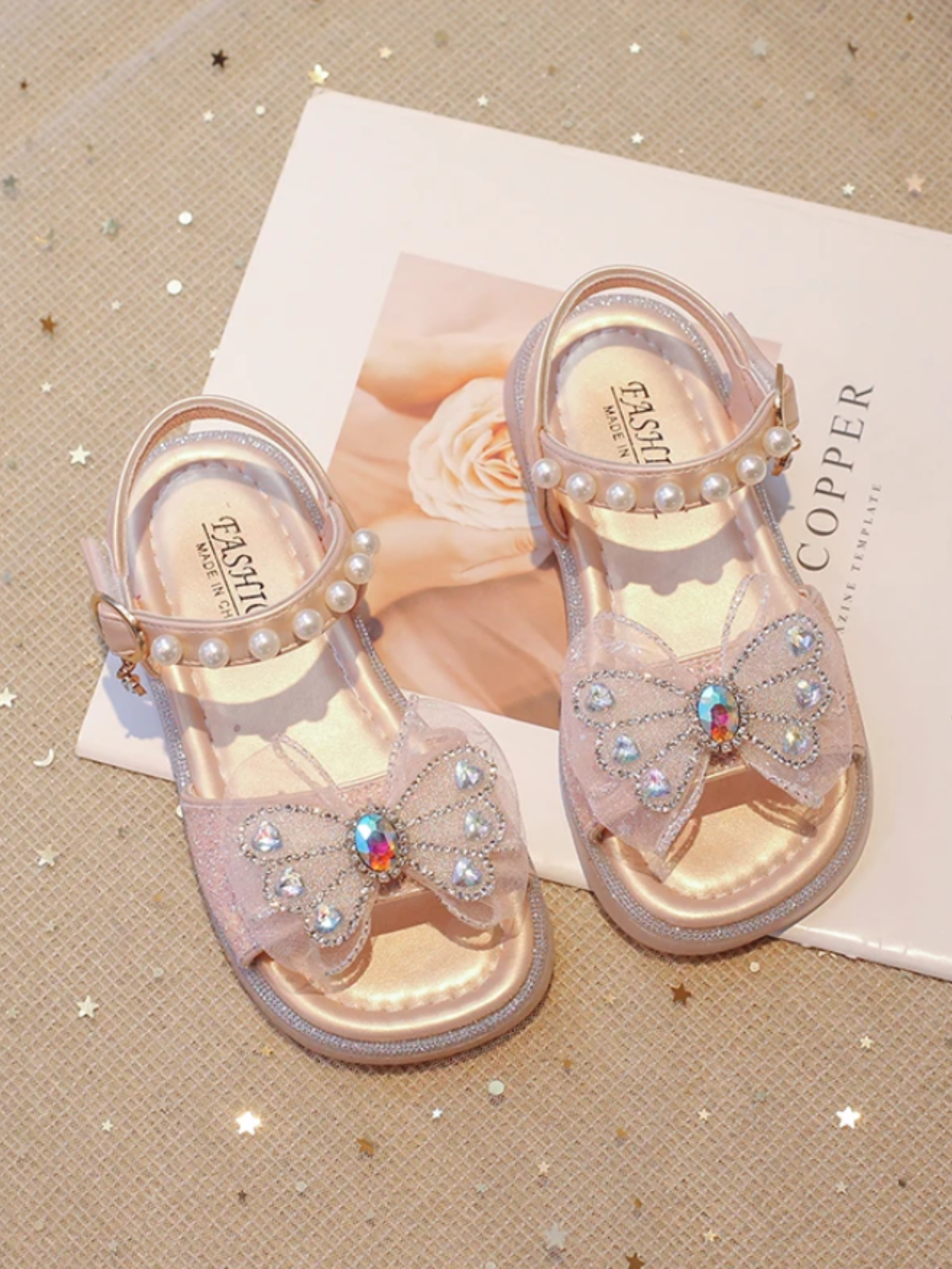 Elegant Girls' Sparkly Butterfly Sandals with Pearl Ankle Strap By Liv and Mia