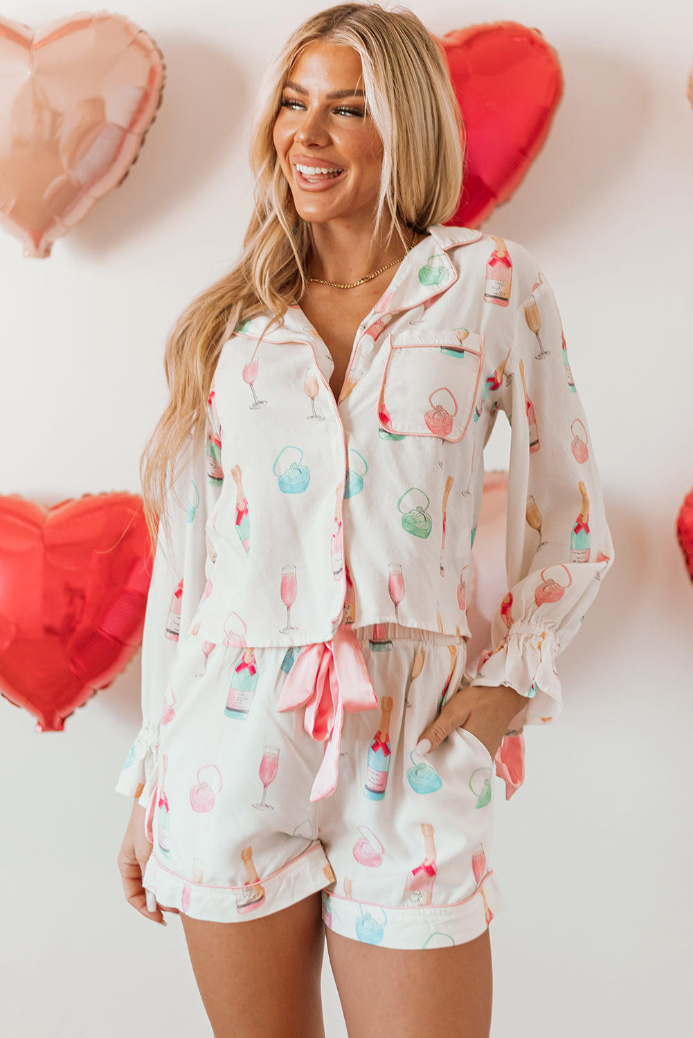 Womens  White Festive Champagne and Wine Glass Print Bow Knot Pajama Set