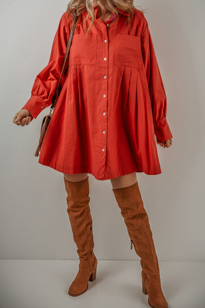 Womens Tomato Red Bishop Sleeve Button Up Pleated Mini Shirt Dress