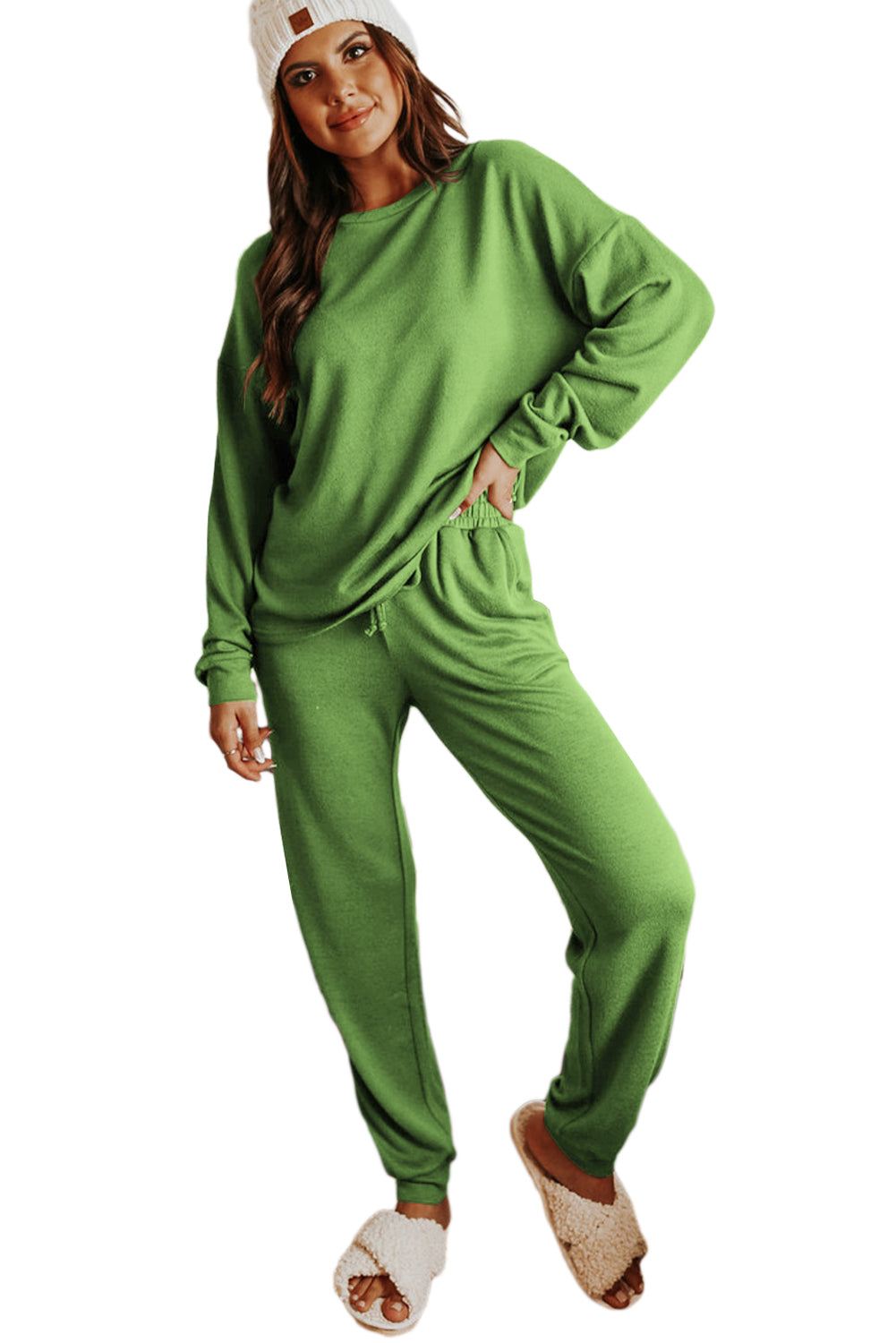 Womens  Green Long Sleeve Pullover and Jogger Pants Lounge Set