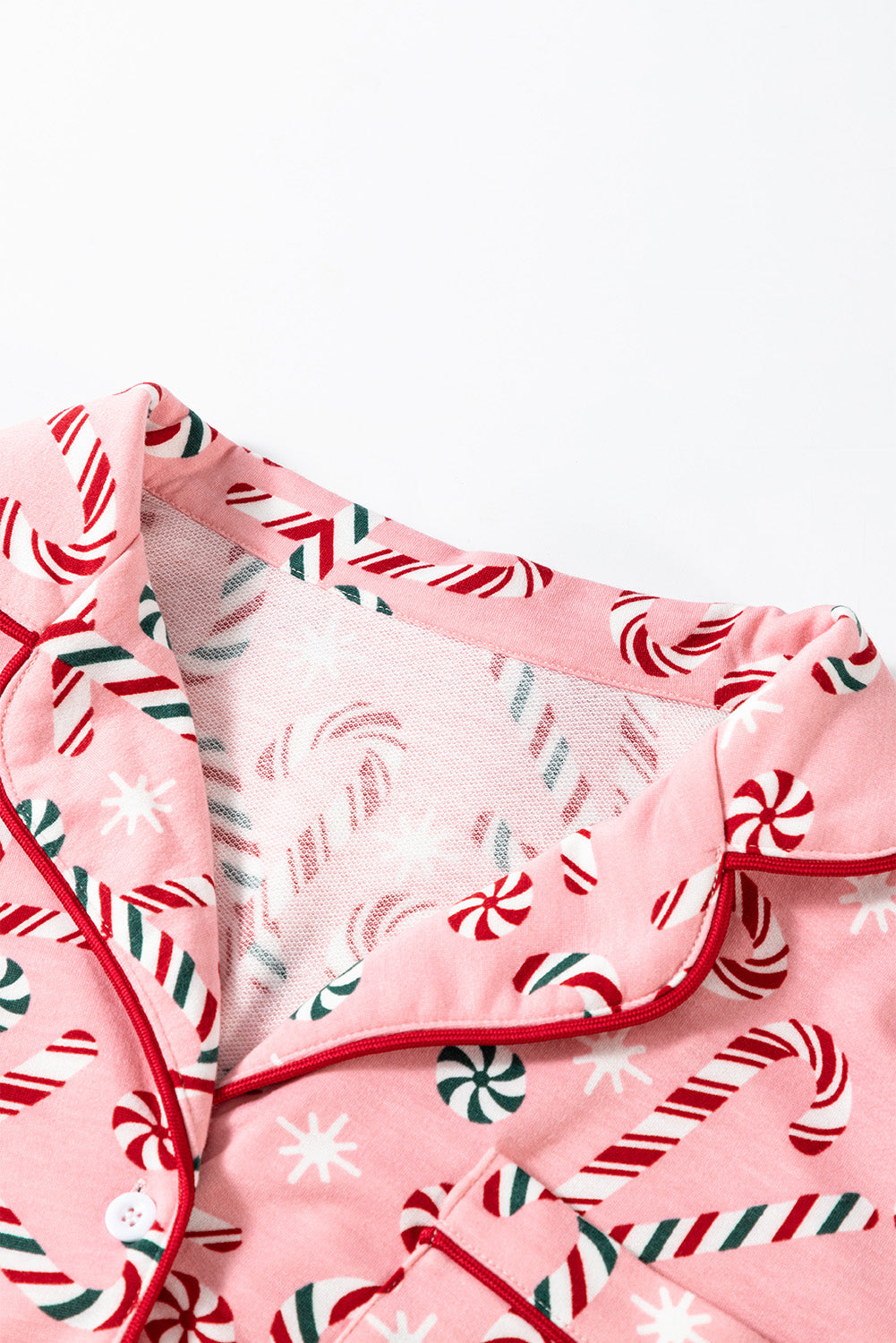 Womens Pink Christmas Candy Cane Print Lapel Collar Shirt and Pants Two Piece Pajamas Set