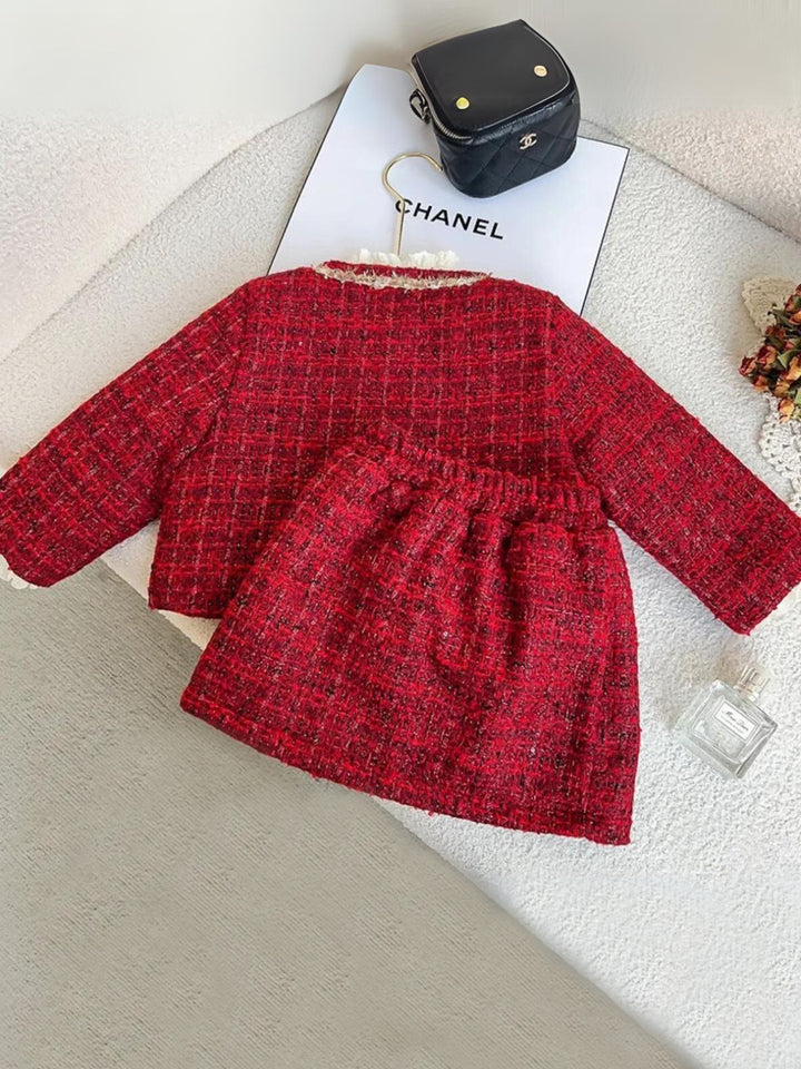 Chic Plaid Tweed Long Sleeve Coat and Skirt Set