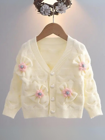 Girls Floral Button-Up Cardigan with Adorable 3D Flower Details and Heart-Shaped Buttons| preppy clothes, preppy clothing, preppy brands, preppy girl, preppy clothing, baby girl fall outfits, girls fall outfits, fall outfits for baby gir, fall dress, baby girl fall clothes