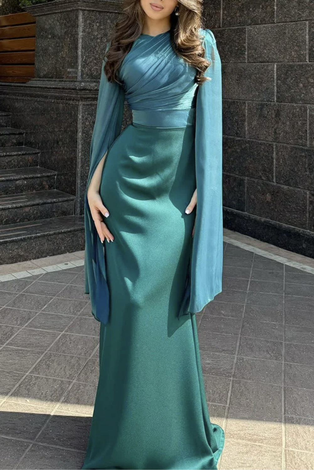 Womans Elegant Draped Long Flowing Sleeves Maxi Dress