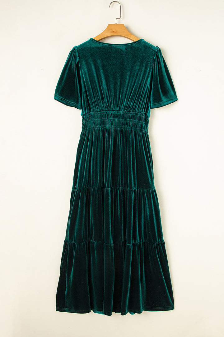 Womens Emerald Velvet Winter Wonder Maxi Dress with Puff Sleeves