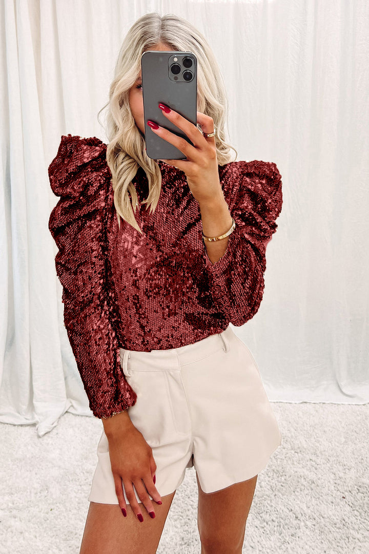 Womens Burgundy Sequin Mock Neck Bubble Sleeve Top