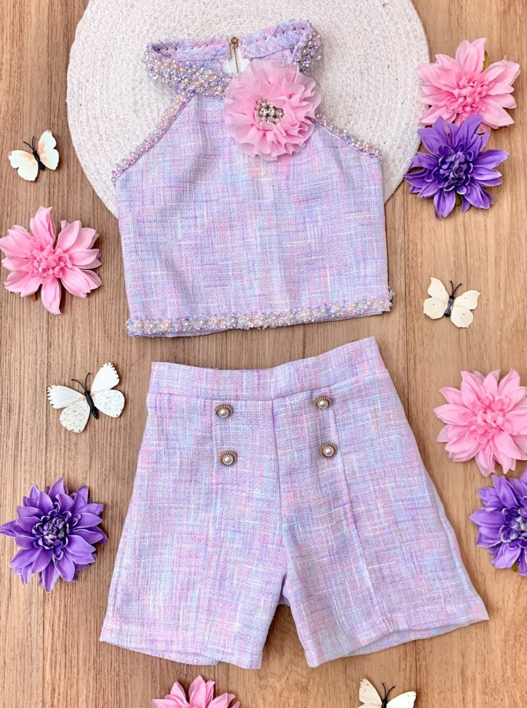 Mia Belle Girls Halter Tweed Top And Short Set | Girls Spring Sets