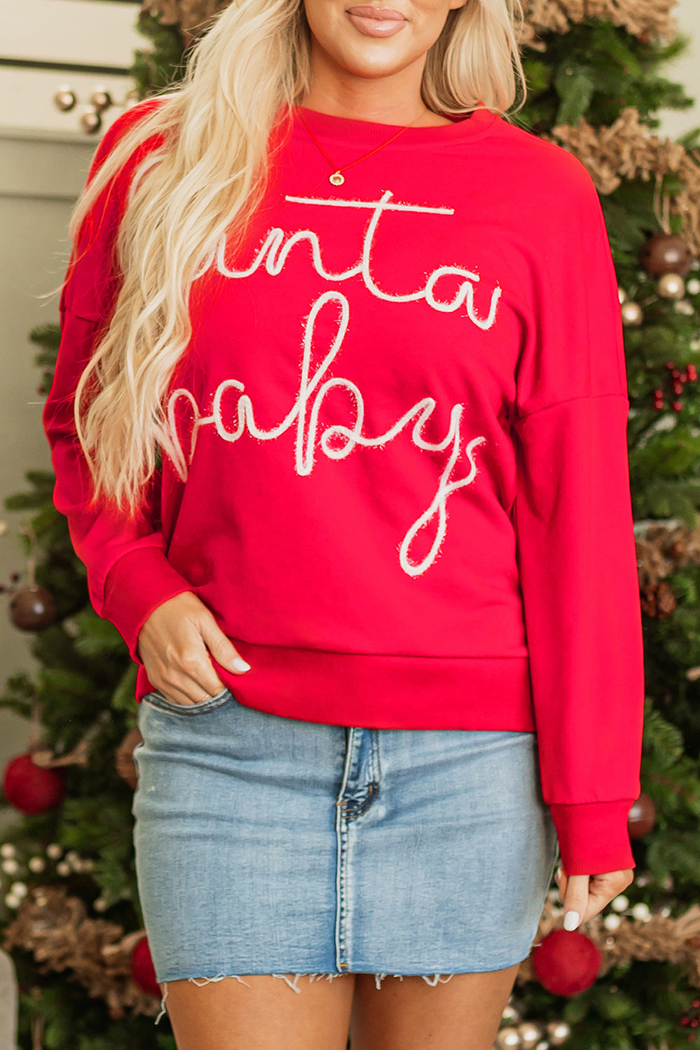 Womens Red Christmas Santa Baby Tinsel Graphic Sweatshirt