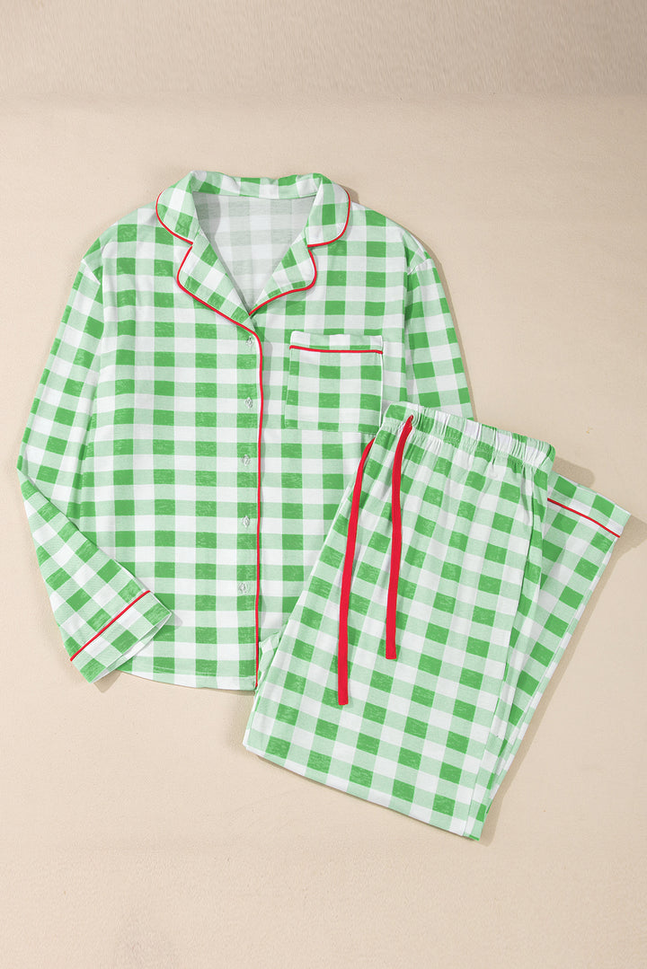 Womens  Festive Green Gingham Christmas Long Sleeve Plus Size Pajama Set