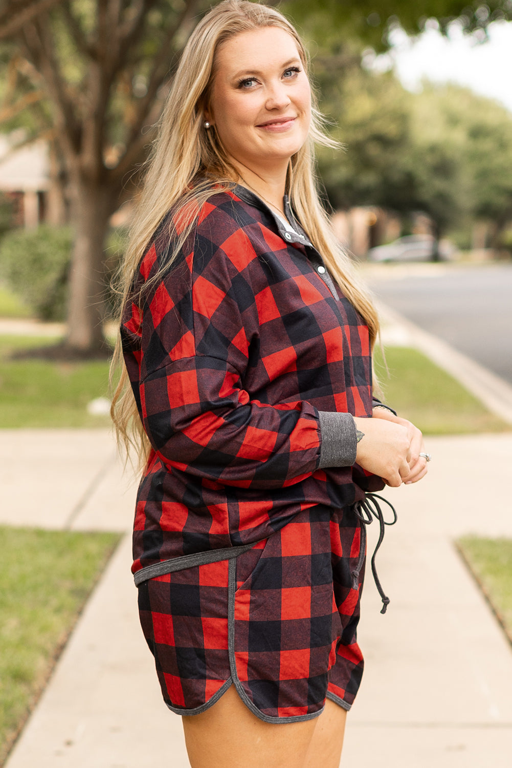 Womens Fiery Red Christmas Buffalo Print Henley Plus Size Pajama Set