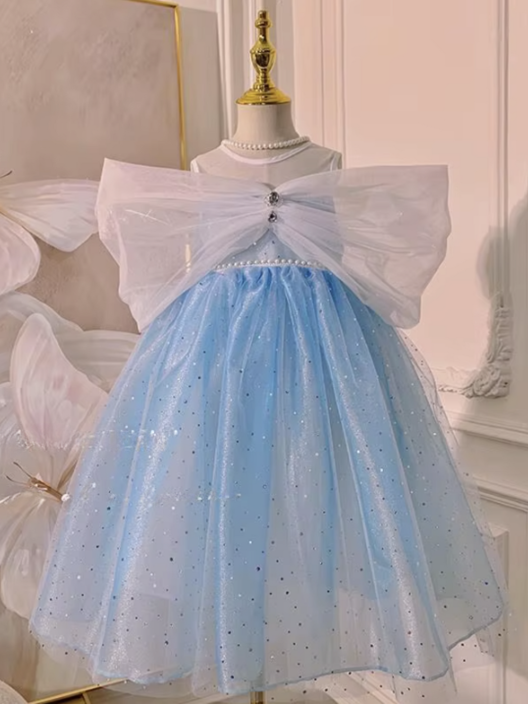 Girls Princess Starry Tulle with Pearl and Bow Detail Dress