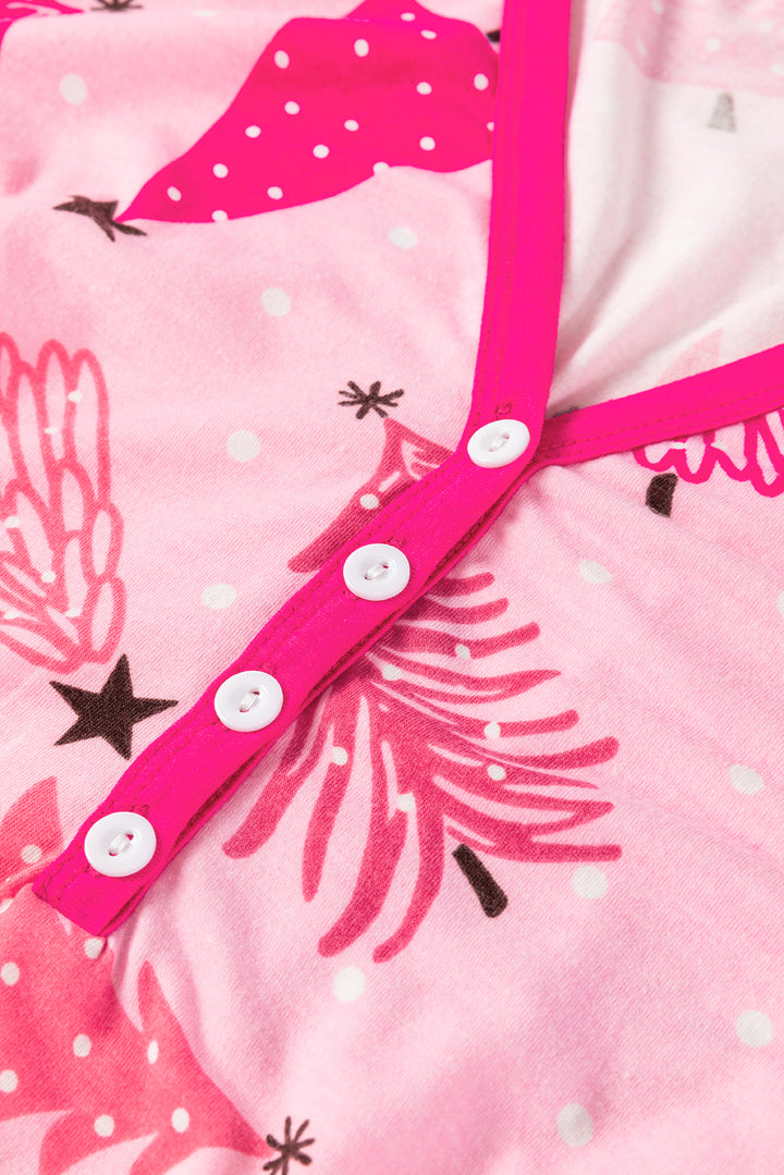 Womens Pink Christmas Tree Print V Neck Pajama Set