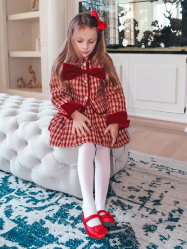 Adorable Red Velvet and Plaid Girls' Skirt and Jacket Set with Pearl Buttons